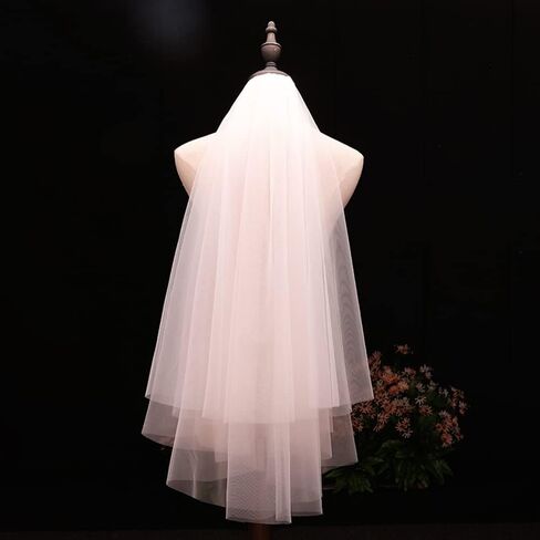JWICOS 2 Tiers Bride Wedding Veil Ivory Fingertip Bridal Tulle Veil with Comb and Cut Edge (Ivory) in Saudi Arabia