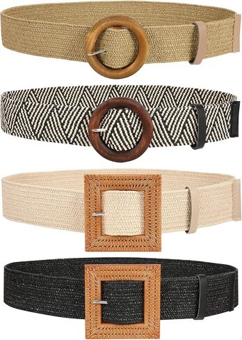 JASGOOD Straw Woven Elastic Stretch Belts Women, Wide Boho Braided Dress Belts with Wooden Style Buckle in Saudi Arabia
