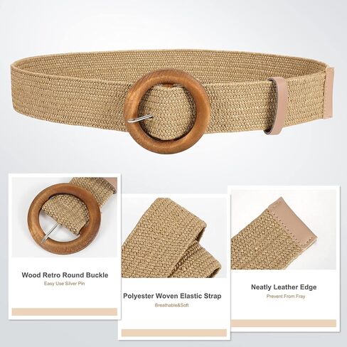 JASGOOD Straw Woven Elastic Stretch Belts Women, Wide Boho Braided Dress Belts with Wooden Style Buckle in Saudi Arabia
