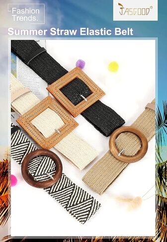 JASGOOD Straw Woven Elastic Stretch Belts Women, Wide Boho Braided Dress Belts with Wooden Style Buckle in Saudi Arabia