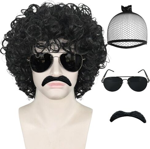 Anogol Hair Cap+ 4 Pcs Afro Wig Men Disco Wig 80s Wigs for Men 80s Rocker Wig 80s Costumes for Men Rock Wig Jerry Curl Wig Black Curly Afro Wig for Cosplay Costume Halloween Party（Glasses + Mustache） in Saudi Arabia