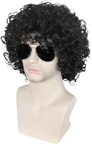 Anogol Hair Cap+ 4 Pcs Afro Wig Men Disco Wig 80s Wigs for Men 80s Rocker Wig 80s Costumes for Men Rock Wig Jerry Curl Wig Black Curly Afro Wig for Cosplay Costume Halloween Party（Glasses + Mustache） in Saudi Arabia