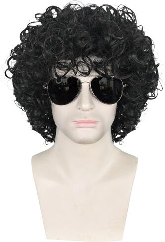 Anogol Hair Cap+ 4 Pcs Afro Wig Men Disco Wig 80s Wigs for Men 80s Rocker Wig 80s Costumes for Men Rock Wig Jerry Curl Wig Black Curly Afro Wig for Cosplay Costume Halloween Party（Glasses + Mustache） in Saudi Arabia