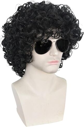 Anogol Hair Cap+ 4 Pcs Afro Wig Men Disco Wig 80s Wigs for Men 80s Rocker Wig 80s Costumes for Men Rock Wig Jerry Curl Wig Black Curly Afro Wig for Cosplay Costume Halloween Party（Glasses + Mustache） in Saudi Arabia