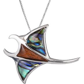 Aloha Jewelry Company 925 Sterling Silver Hawaiian Manta Ray Opal Koa Wood Larimar Gemstone Necklace Pendant with 18" Box Chain, Nickle Free Hypoallergenic for Sensitive Skin, Gift Box Included