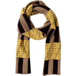 FENDI FF Print Striped Brown and Yellow Knitted Wool Scarf FXS124, Brown, Standard in Kuwait