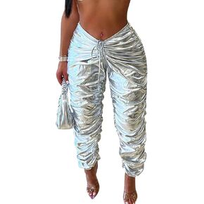 DULZU Women's Metallic Shiny Pants Drawstring Low Waist V-Shaped Design Trousers Sweatpant in Saudi Arabia