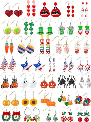 Junkin 35 Pairs Holiday Earrings Valentine's Day St Patrick's Day Easter Christmas Earrings for Women Fourth of July Thanksgiving Halloween Dangle Earrings for Women Teen Girl Gift in Saudi Arabia