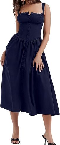 Women Sexy Corset Maxi Dress Square Neck Sleeveless Floral Bustier Midi Dresses Backless Cottagecore Sundress in Saudi Arabia