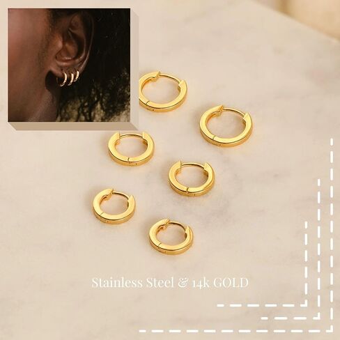 GMSOL مجموعة أقراط هوب ذهبية للنساء والفتيات 14 قيراط مطلية بالذهب الحقيقي أقراط خفيفة الوزن مضادة للحساسية للأذنين الحساسة أقراط يومية لثقب الغضروف in Kuwait