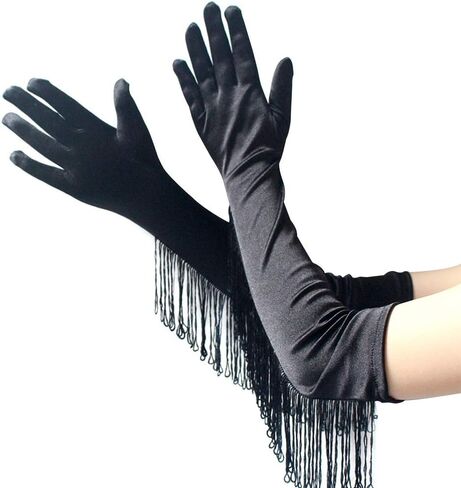 DINPREY Fringed Satin Gloves Long Opera Pageant Gloves Flapper Accessories in Saudi Arabia