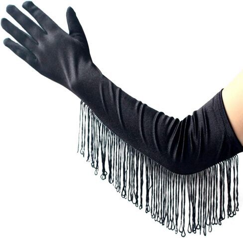 DINPREY Fringed Satin Gloves Long Opera Pageant Gloves Flapper Accessories in Saudi Arabia