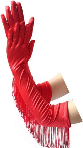 DINPREY Fringed Satin Gloves Long Opera Pageant Gloves Flapper Accessories in Saudi Arabia