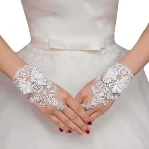 Latious Women's Wedding Gloves Fingerless Lace Glove Bridal White Bow Gloves Short Party Prom Costume Glove Accessories for Women and Brides in Saudi Arabia