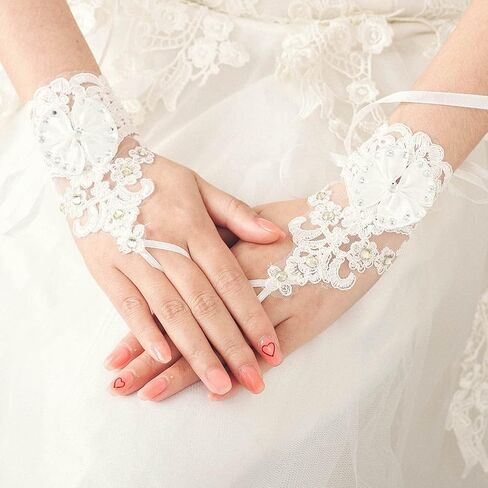 Latious Women's Wedding Gloves Fingerless Lace Glove Bridal White Bow Gloves Short Party Prom Costume Glove Accessories for Women and Brides in Saudi Arabia