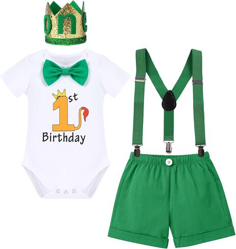 IBTOM CASTLE Baby Boy First Birthday Outfit Jungle Theme Romper+Shorts+Y-Back Suspenders+Headband 4PCS Clothes Photo Props in Saudi Arabia