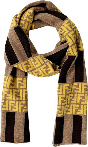 FENDI FF Print Striped Brown and Yellow Knitted Wool Scarf FXS124, Brown, Standard in Kuwait