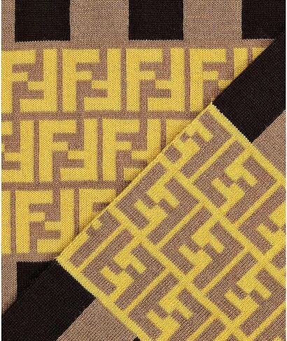 FENDI FF Print Striped Brown and Yellow Knitted Wool Scarf FXS124, Brown, Standard in Kuwait