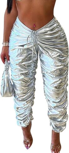 DULZU Women's Metallic Shiny Pants Drawstring Low Waist V-Shaped Design Trousers Sweatpant in Saudi Arabia