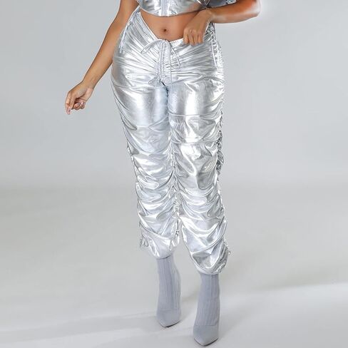DULZU Women's Metallic Shiny Pants Drawstring Low Waist V-Shaped Design Trousers Sweatpant in Saudi Arabia