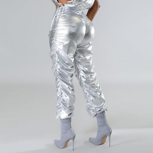 DULZU Women's Metallic Shiny Pants Drawstring Low Waist V-Shaped Design Trousers Sweatpant in Saudi Arabia