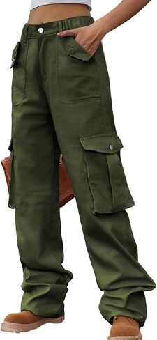 سراويل YIAFDERY النسائية عالية الخصر واسعة الساق كاجوال فضفاضة سراويل باراشوت Y2K ملابس الشارع مع 6 جيوب in Kuwait