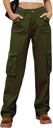 سراويل YIAFDERY النسائية عالية الخصر واسعة الساق كاجوال فضفاضة سراويل باراشوت Y2K ملابس الشارع مع 6 جيوب in Kuwait