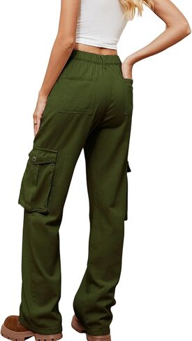سراويل YIAFDERY النسائية عالية الخصر واسعة الساق كاجوال فضفاضة سراويل باراشوت Y2K ملابس الشارع مع 6 جيوب in Kuwait