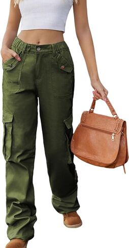 سراويل YIAFDERY النسائية عالية الخصر واسعة الساق كاجوال فضفاضة سراويل باراشوت Y2K ملابس الشارع مع 6 جيوب in Kuwait