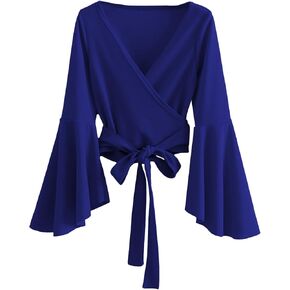 SweatyRocks Women's Long Sleeve V Neck Tie Knot Bandage Wrap Blouse Crop Top