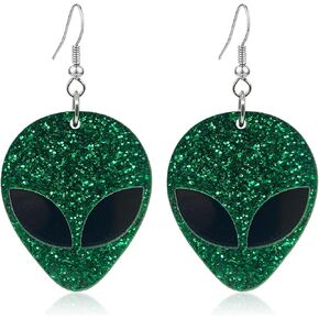 RofYof Alien Earrings for Women Girls Cute Funny Cartoon Green Alien Head Dangle Earrings Novelty Acrylic Statement Earrings