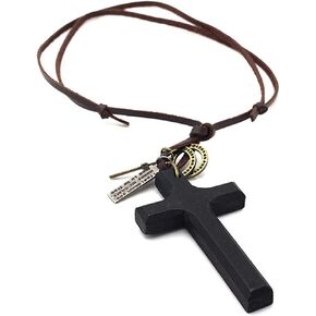 LNKRE JEWELRY Cross Necklace for Men with Leather Chain Vintage Look Wood Necklace