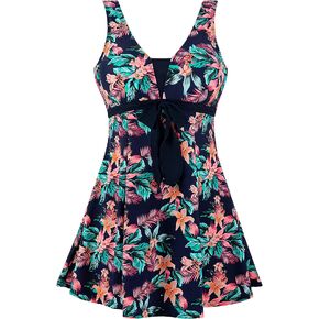 wantdo Women's Plus Size One Piece Swimsuit Tummy Control Modest Bathing Suit Flower Print Swimdress with Skirt