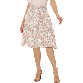 Allegra K Women's Floral Skirts Summer Smocked Elastic Waist A-Line Below Knee Length Ruffle Tiered Skirt