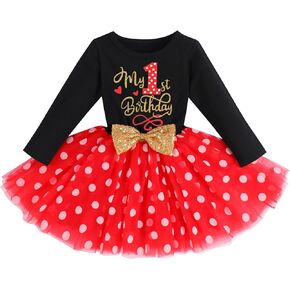 Baby Girl 1st 2nd 3rd Birthday Outfit Mouse Dress Polka Dots Tutu Skirt Cake Smash Long Sleeve Clothes for Photo Shoot