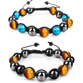 جوي بانغ سوار عين النمر للرجال والنساء - مجموعة من 2 سوار من حجر الزجاج البركاني الاسود من حجر الهيماتايت الاسود للحماية الثلاثية، سوار عين النمر الازرق الشفاء، اساور كريستال علاجية هدية الكريسماس in Kuwait