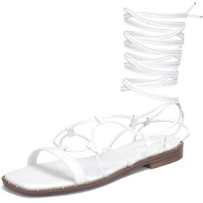 GENSHUO Lace Up Flat Sandals for Women Square Toe and Studded Criss-Cross Gladiator Strappy Flats Roman Shoes