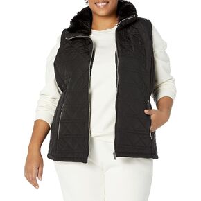 Calvin Klein Women's Plus Size Silver Hardwear Quilted Cozy Fur Collar Everyday Vest