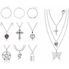 helicopchain 12pcs الجرونج القوطية القلائد مجموعة للنساء المراهقات القوطي Y2K الشرير الشوك الصليب الأفعى الملاك فراشة الخماسي القلب قفل قلادة المختنق قلادة الجرونج مجوهرات اكسسوارات in Kuwait