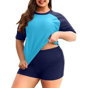 Holipick Two Piece Women Plus Size Rash Guard Short Sleeve Swim Shirts and Shorts UPF 50+ Rashguard Swimsuit