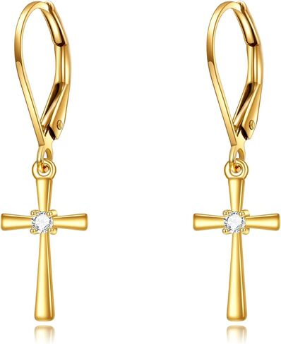 KECHO 14k Solid Gold Cross Earrings for Women Heart Leverback Dangle Drop Earrings Jewelry Birthday Gifts for Her in Kuwait