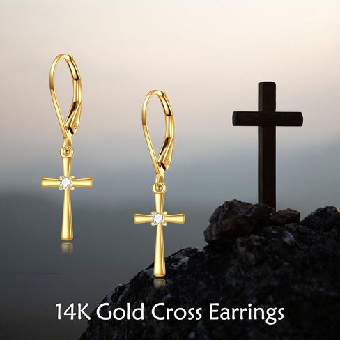 KECHO 14k Solid Gold Cross Earrings for Women Heart Leverback Dangle Drop Earrings Jewelry Birthday Gifts for Her in Kuwait