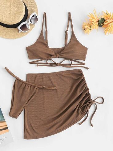 ZAFUL Women Tie Front Bikini Set Ribbed High Cut Two Piece Swimsuit Bathing Suit in Saudi Arabia