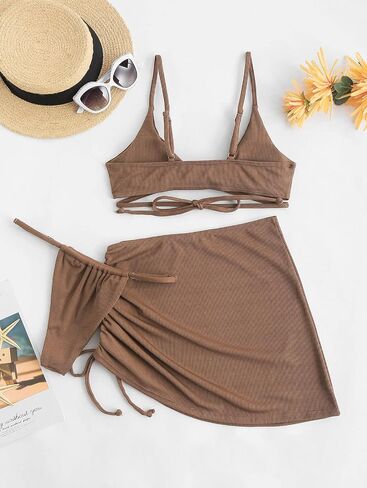 ZAFUL Women Tie Front Bikini Set Ribbed High Cut Two Piece Swimsuit Bathing Suit in Saudi Arabia