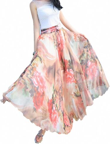 Women's Floral Maxi Chiffon Long Skirts Full Length Beach Skirt in Saudi Arabia