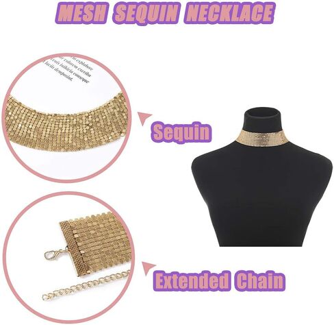 Masiter Sparkly Sequin Mesh Necklace Adjustable Gold Choker Chain Party Costume Jewelry for Women and Girls in Saudi Arabia