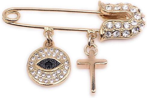 LESLIE BOULES Gold Plated Evil Eye & Cross Brooch Jeweled Safety Pin Jewelry in Saudi Arabia