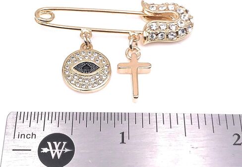 LESLIE BOULES Gold Plated Evil Eye & Cross Brooch Jeweled Safety Pin Jewelry in Saudi Arabia