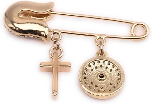 LESLIE BOULES Gold Plated Evil Eye & Cross Brooch Jeweled Safety Pin Jewelry in Saudi Arabia