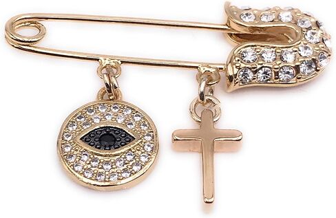 LESLIE BOULES Gold Plated Evil Eye & Cross Brooch Jeweled Safety Pin Jewelry in Saudi Arabia